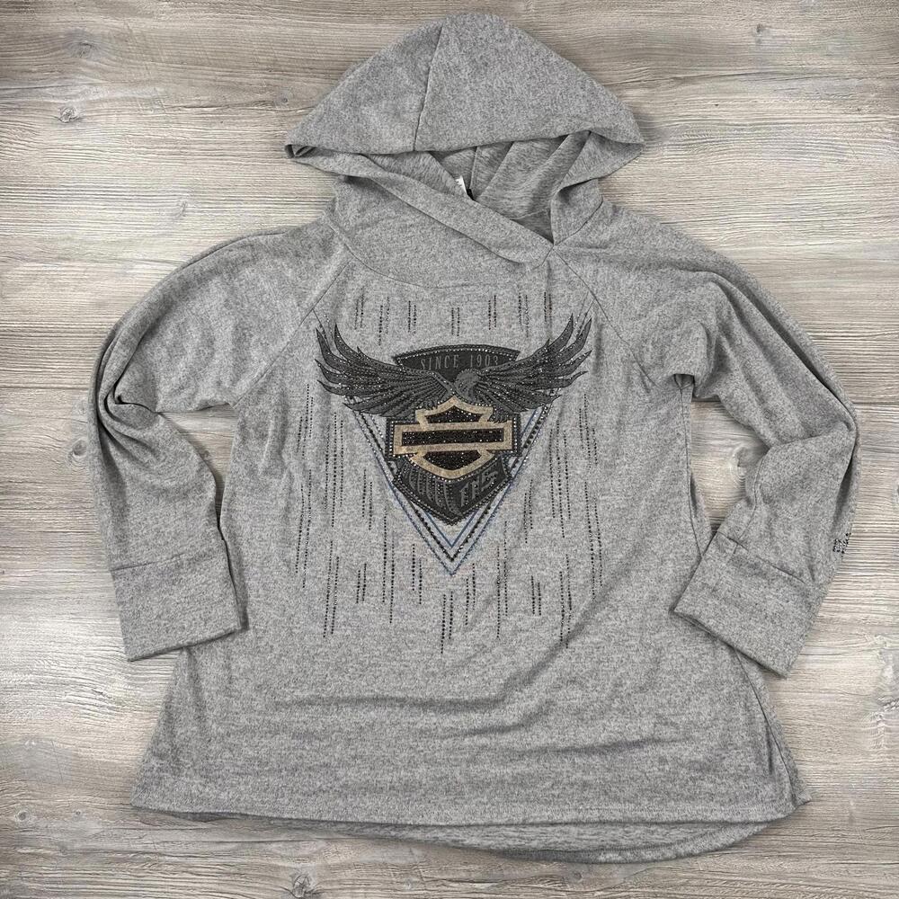 Harley Davidson Hoodie Womens 2X Gray Bar Shield Wings Bedazzled Long EUC